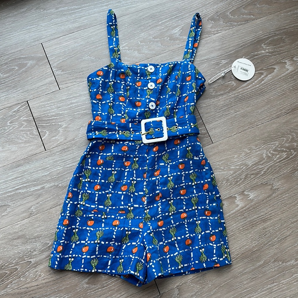 Staud Blue Belted Romper w/ Removable Straps
